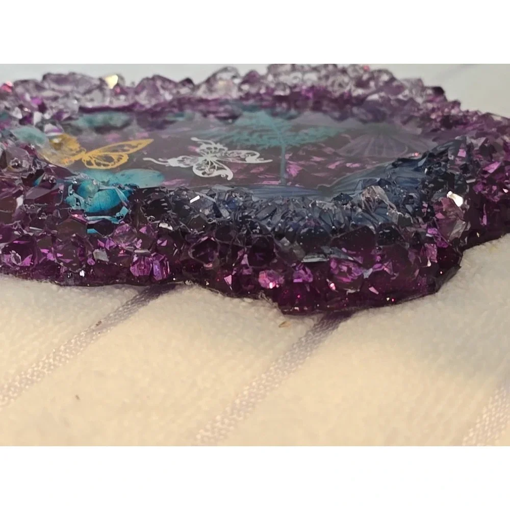 Handmade Resin Crystal Edge Trinket‎ Holder Purple With Butterflies  778